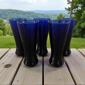 Vintage Set of 5 MCM Cobalt Blue Cordial Shot Glasses 4" Hand Blown Glass